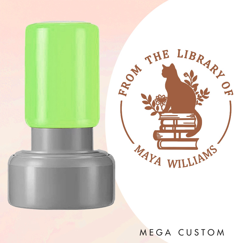 Personalized Book Flower and Cat Book Stamp Custom Round from the Library of Stamp with Name Librarian Stamp for Book Lover Gift Bookish Gift