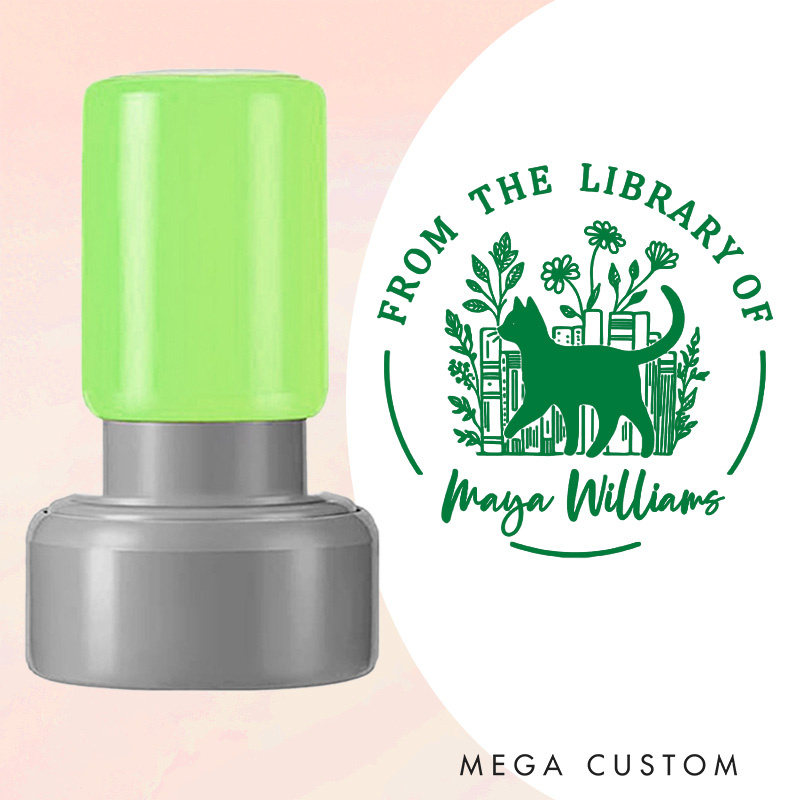 Personalized Walking Cat and Flower Books Book Stamp Custom Round from the Library of Stamp with Name Stamp for Book Lover Gift Bookish Gift