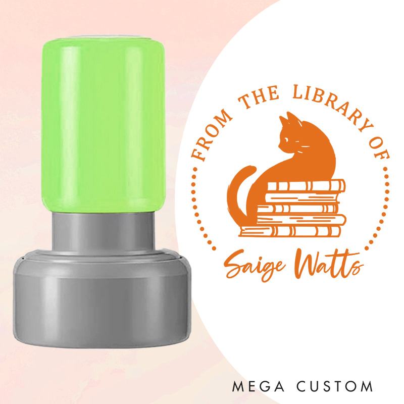 Personalized Cat and Books Book Stamp Round from the Library of Stamp with Name Custom Stamp for Book Lover Gift Reading Gift