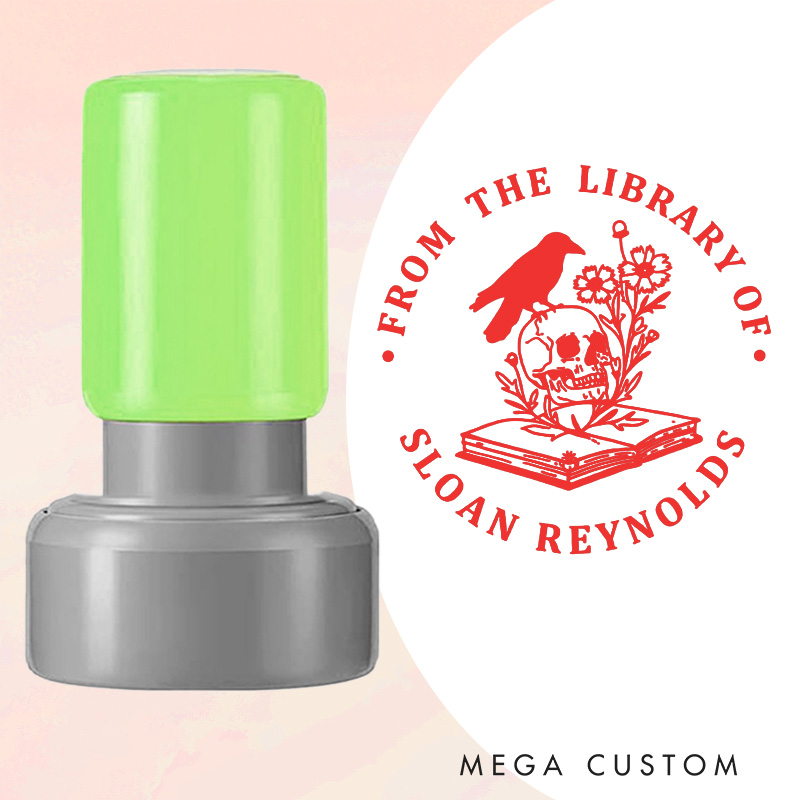 Personalized Flower Book and Skull Book Stamp Round from the Library of Stamp with Name Custom Halloween Stamp for Book Lover Gift Bookish Gift