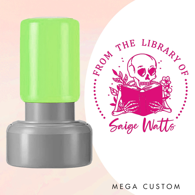 Personalized Reading Skull and Flower Book Stamp Custom from the Library of Stamp with Name Round Stamp for Book Lover Gift Bookish Halloween Gift