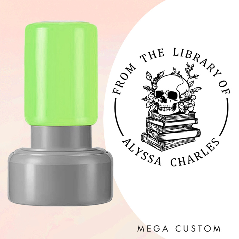 Personalized Flower Book and Skull Book Stamp Custom from the Library of Stamp with Name Round Stamp for Book Lover Gift Bookish Halloween Gift