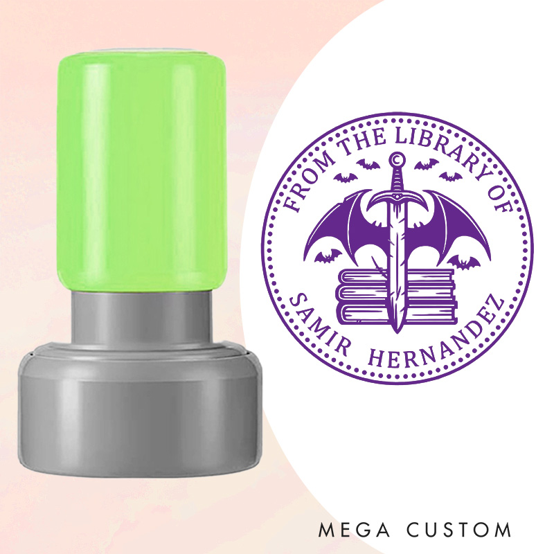 Personalized Book and Bat Sword Book Stamp from the Library of Stamp with Name Custom Round Stamp for Book Lover Gift Bookish Halloween Gift