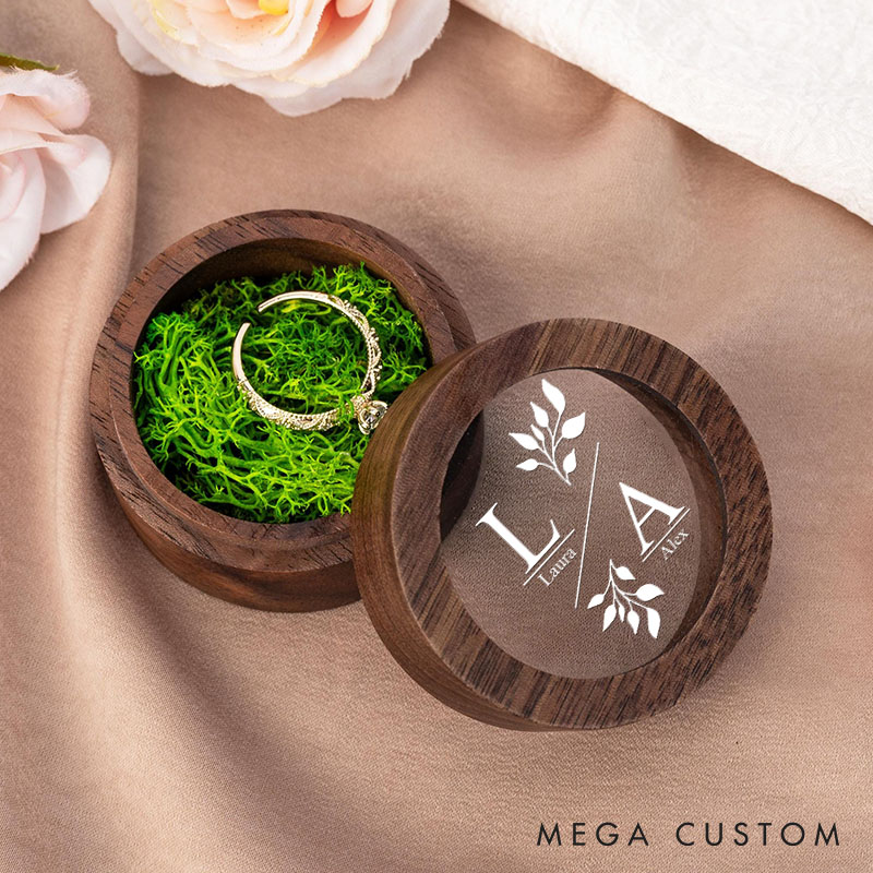 Personalized Couple Wedding Delicate Leaf Wood Ring Box Newlyweds Initials Name Ring Box with Acrylic Cover Engaged Ring Holder Husband Wife Gift
