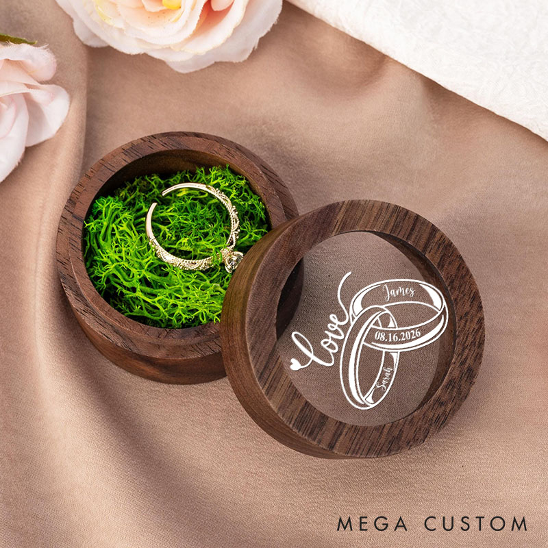 Personalized Couple Wedding Love Rings Wood Ring Box Custom Newlyweds Name Ring Box with Acrylic Cover Engaged Date Ring Holder Husband Wife Gift