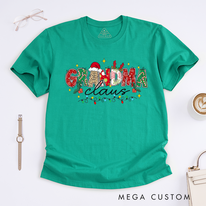 Personalized Christmas Mama Gigi Nana Claus Classic T-Shirt with Santa Hat and Reindeer Antler Decorations