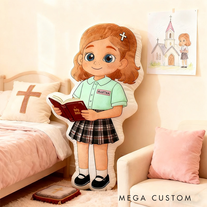 Personalized Cartoon Girl Holding Bible Pillow with Custom Name and Skin Tone Shirt Kids Room Decor Religious Baptisms Gift for Kids Graphic 3D Print