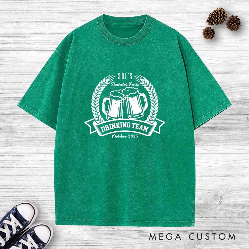 Personalized Groom Drinking Team Bachelor Party Washed T-Shirt Groomsmen Beer Lover T-Shirt Retro Washed T-Shirts for Best Man