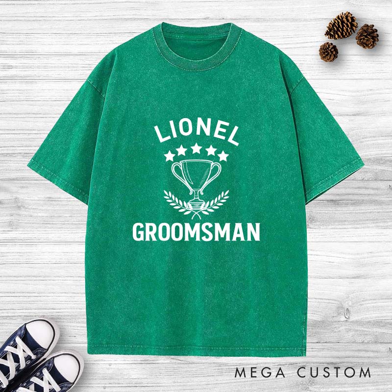 Personalized Groomsman Trophy Bachelor Party Washed T-Shirt Groomsmen Wedding Party T-Shirt Retro Washed T-Shirts for Best Man