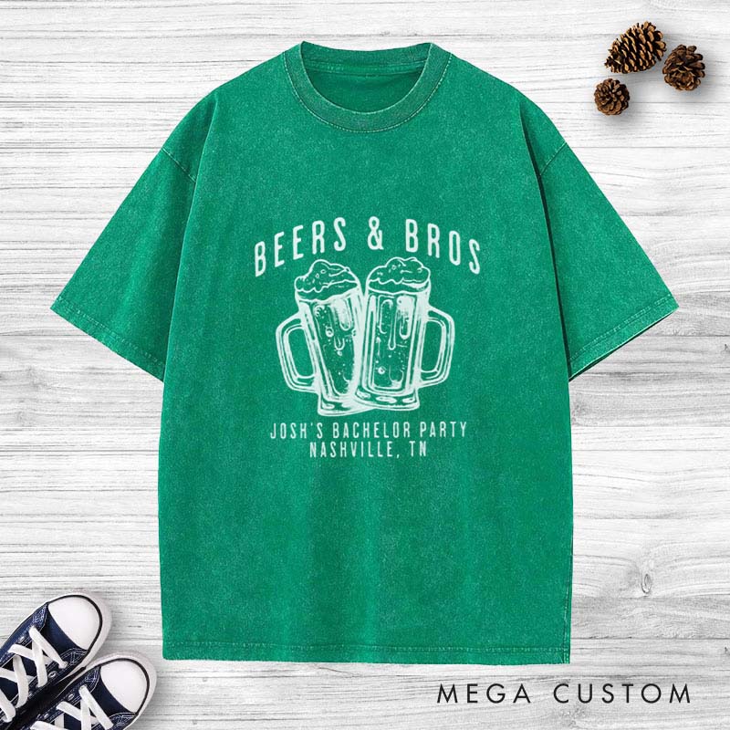 Personalized BEERS & BROS Washed T-Shirt Groom Groomsmen Cheers Beers Wedding T-Shirt Beer-Themed Washed T-Shirts for Best Man