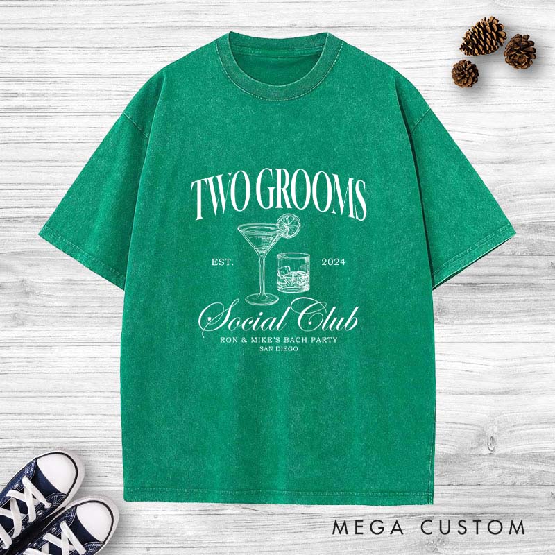 Personalized TWO Groom Bachelor Party Washed T-Shirt LGBTQ Wedding Party T-Shirt Retro Groomsmen y2k Washed T-Shirts for Gay