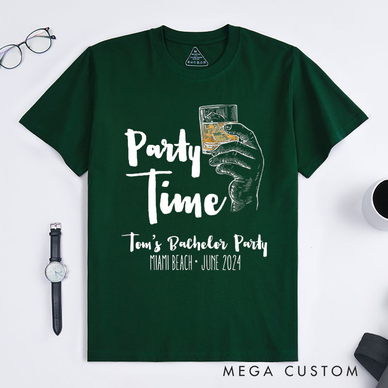Personalized Party Time Bachelor Party T-Shirt Whiskey Glass Shirt for Groomsman Wedding Party Favors Shirt for Men Best Man Gift