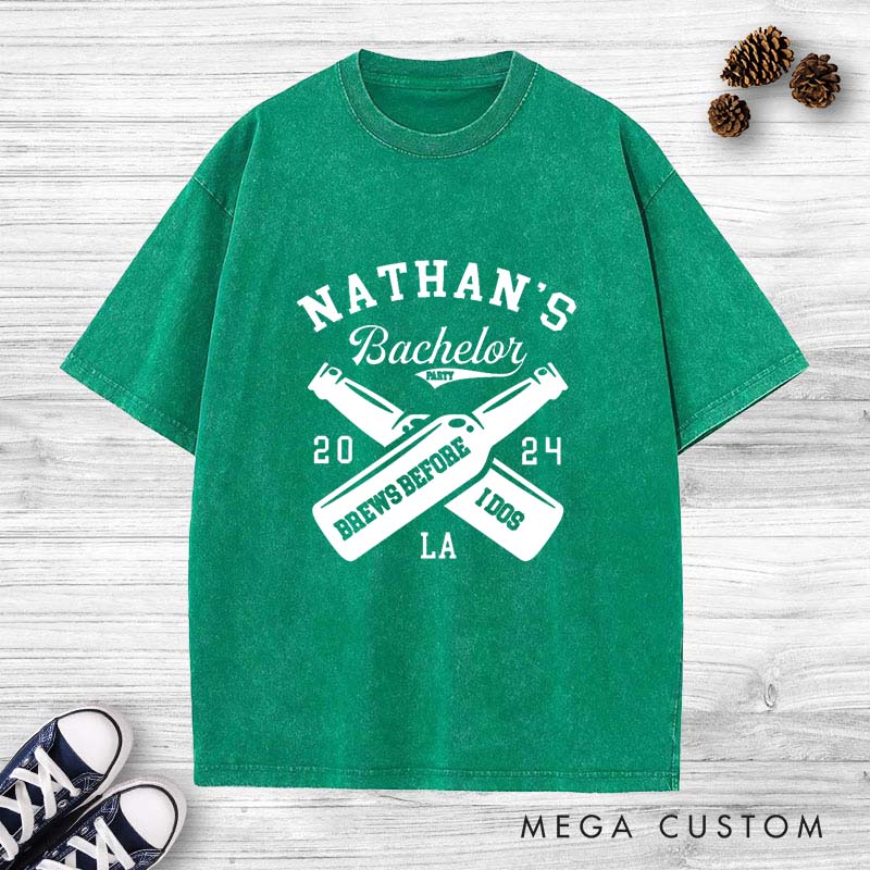 Personalized Brews Before I Dos Groom Washed T-Shirt Groom Wedding Party T-Shirt Retro Groomsman y2k Washed T-Shirts for Best Man