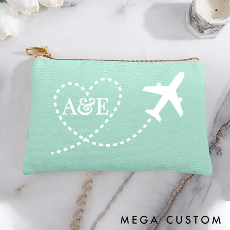 Personalized Makeup Bag Gift for Traveler Custom Initials and Heart Route