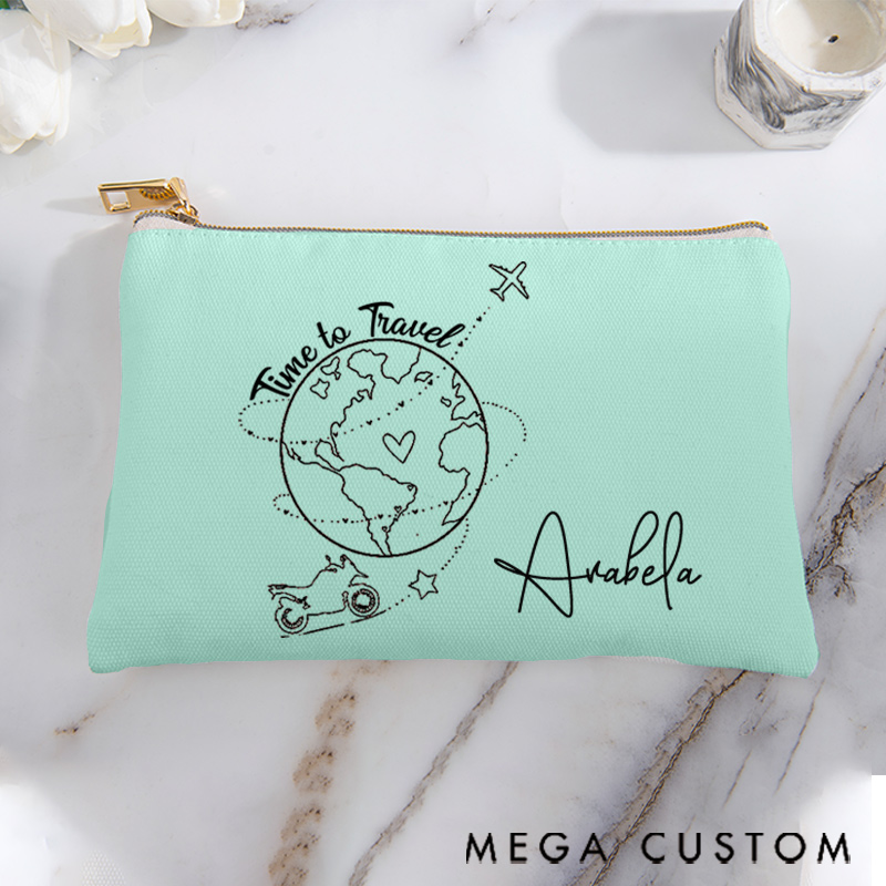 Personalized Makeup Bag Gift for Travel Lovers Time to Travel and Custom Name