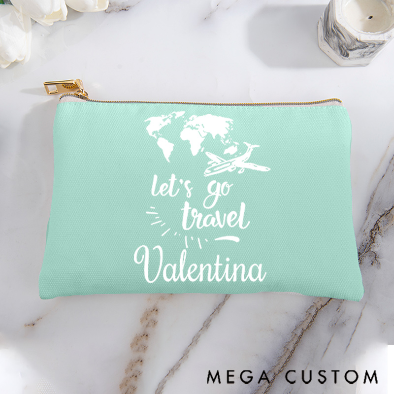 Personalized Makeup Bag Gift for Travel Lovers Map Let's Go Travel and Custom Name
