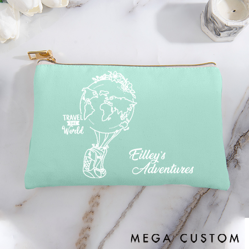 Personalized Makeup Bag Gift for Travel Lovers Hot Air Balloon Earth and Custom Name Adventures
