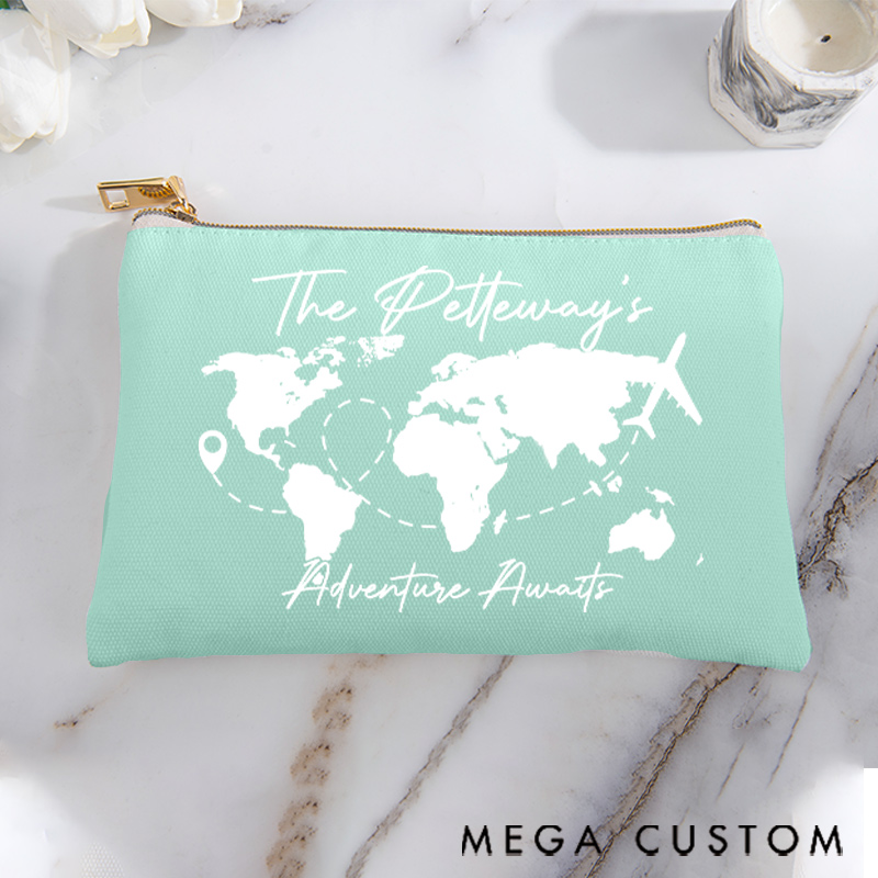 Personalized Makeup Bag Gift for Travel Lovers Adventure Awaits and Custom Name