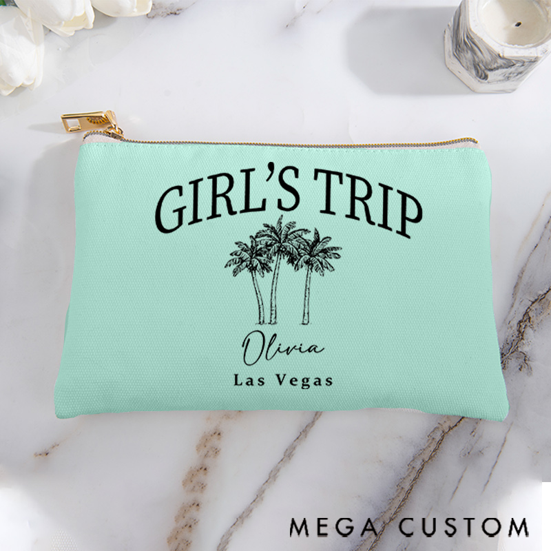 Personalized Makeup Bag Gift for Travel Lovers Girls Trip Custom Name and Destination