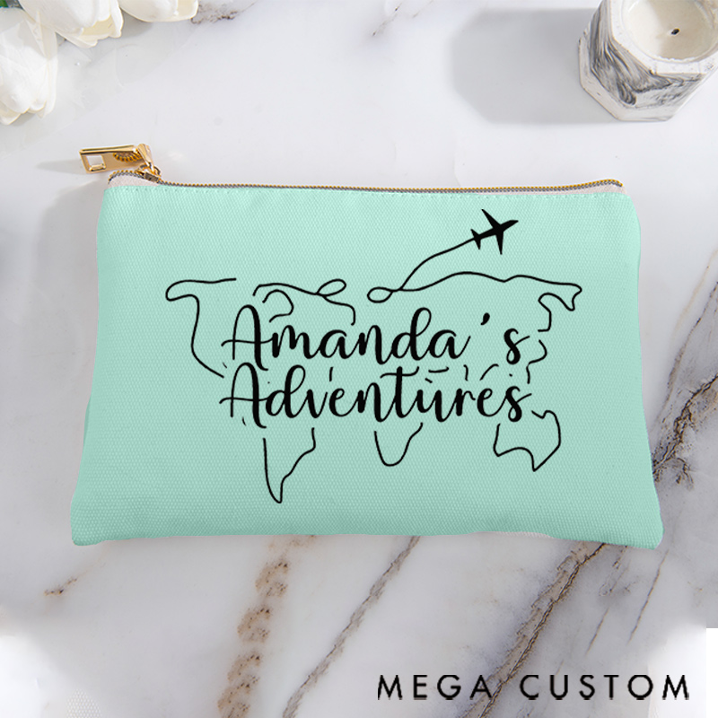 Personalized Makeup Bag Gift for Travel Lovers Line Map and Custom Traveler's Name Adventure