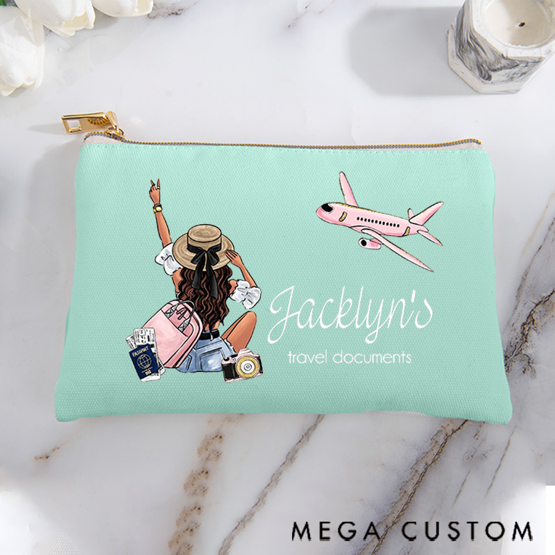 Personalized Makeup Bag Traveling Gift for Traveler Girl's Travel Documents and Custom Name