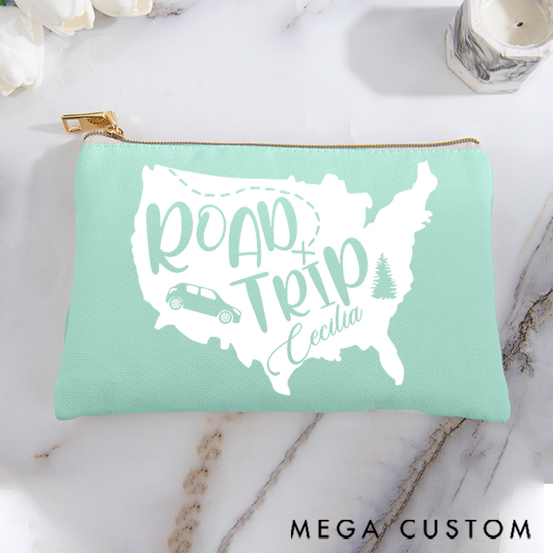 Personalized Makeup Bag Gift for Girls Travel Lovers Map Road Trip and Custom Name