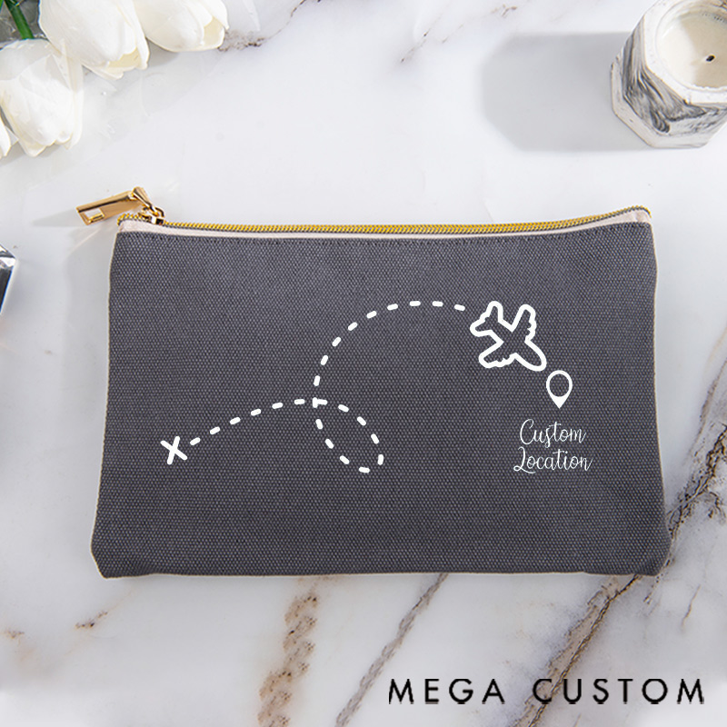 Personalized Makeup Bag Gift for Travel Lovers Air Route Custom Location