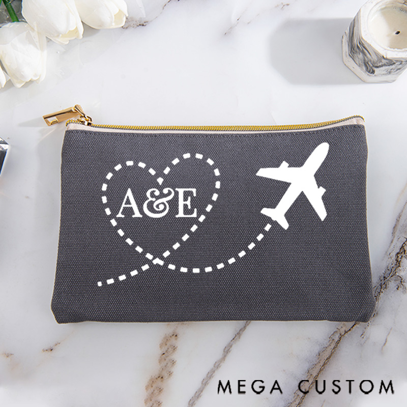 Personalized Makeup Bag Gift for Traveler Custom Initials and Heart Route