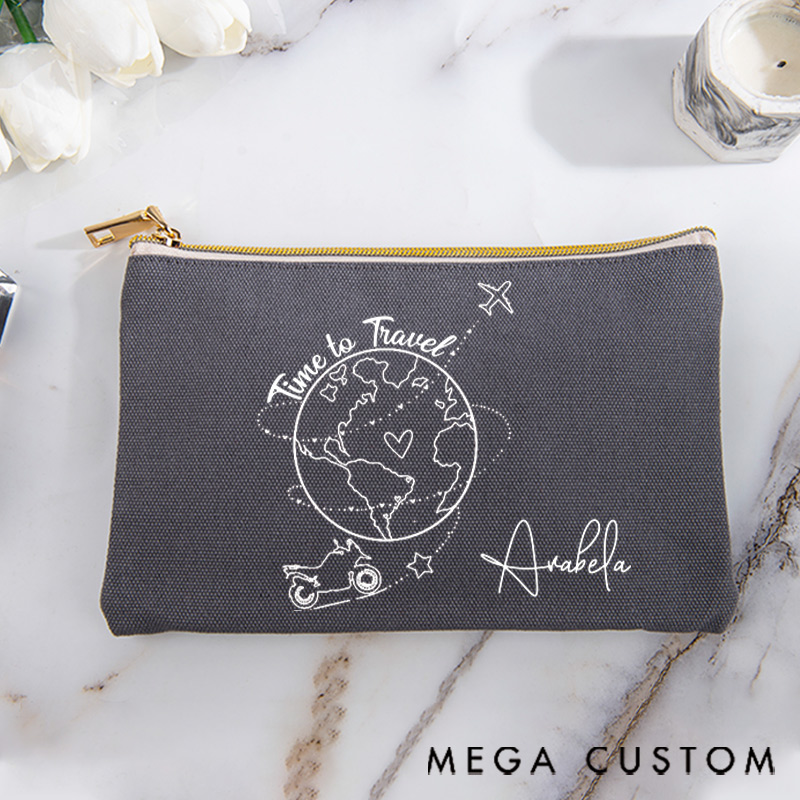 Personalized Makeup Bag Gift for Travel Lovers Time to Travel and Custom Name