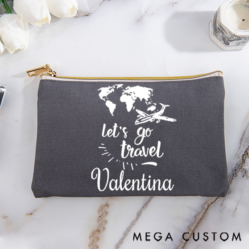 Personalized Makeup Bag Gift for Travel Lovers Map Let's Go Travel and Custom Name