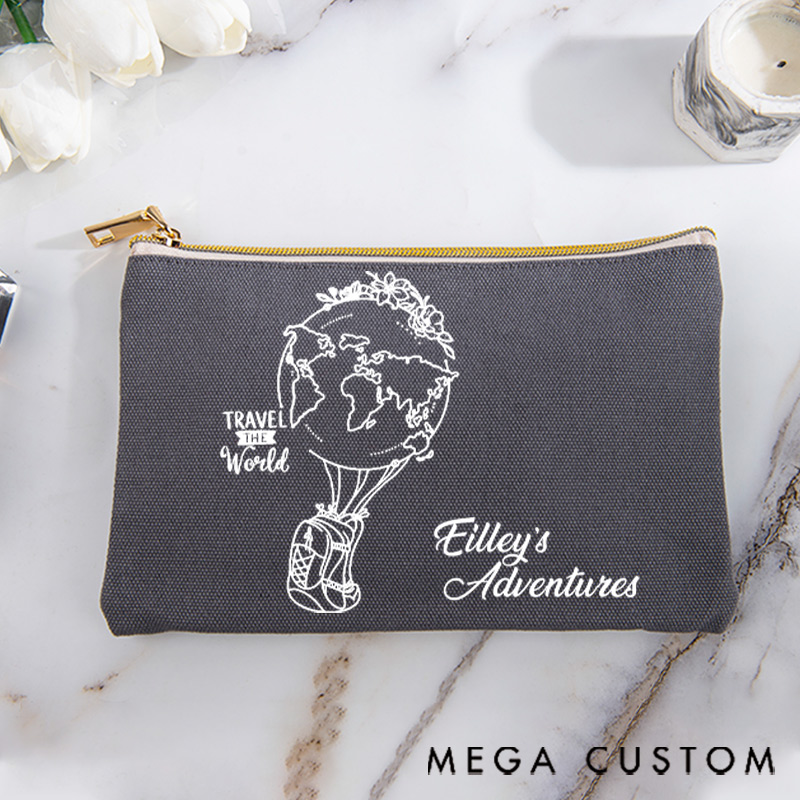 Personalized Makeup Bag Gift for Travel Lovers Hot Air Balloon Earth and Custom Name Adventures