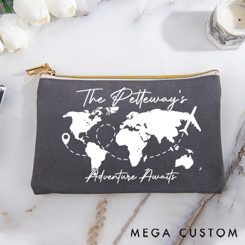 Personalized Makeup Bag Gift for Travel Lovers Adventure Awaits and Custom Name