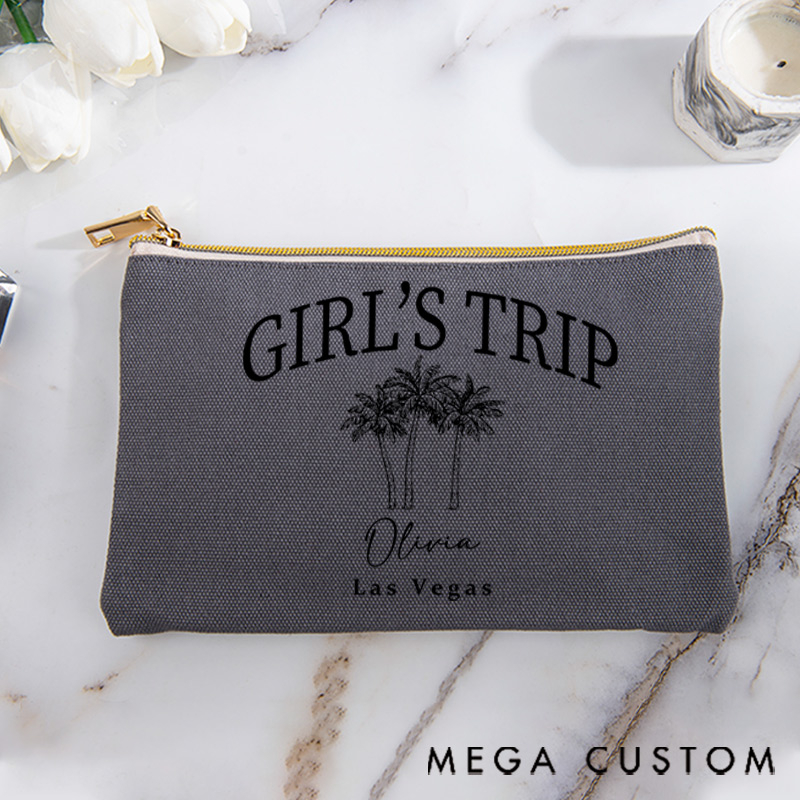 Personalized Makeup Bag Gift for Travel Lovers Girls Trip Custom Name and Destination