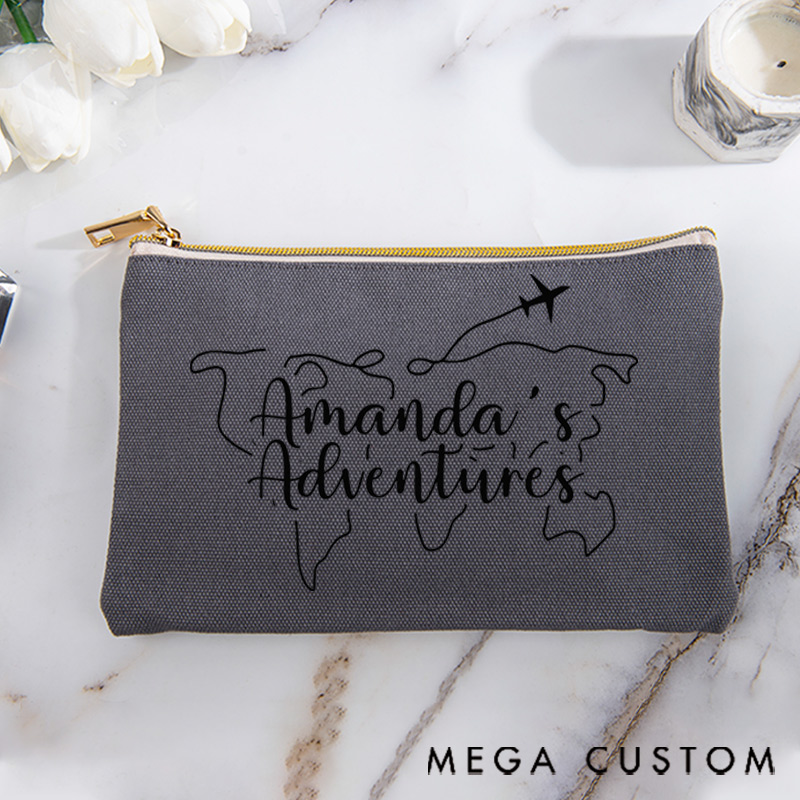Personalized Makeup Bag Gift for Travel Lovers Line Map and Custom Traveler's Name Adventure