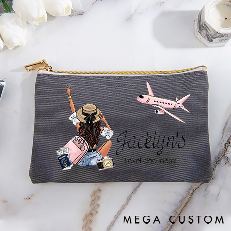 Personalized Makeup Bag Traveling Gift for Traveler Girl's Travel Documents and Custom Name
