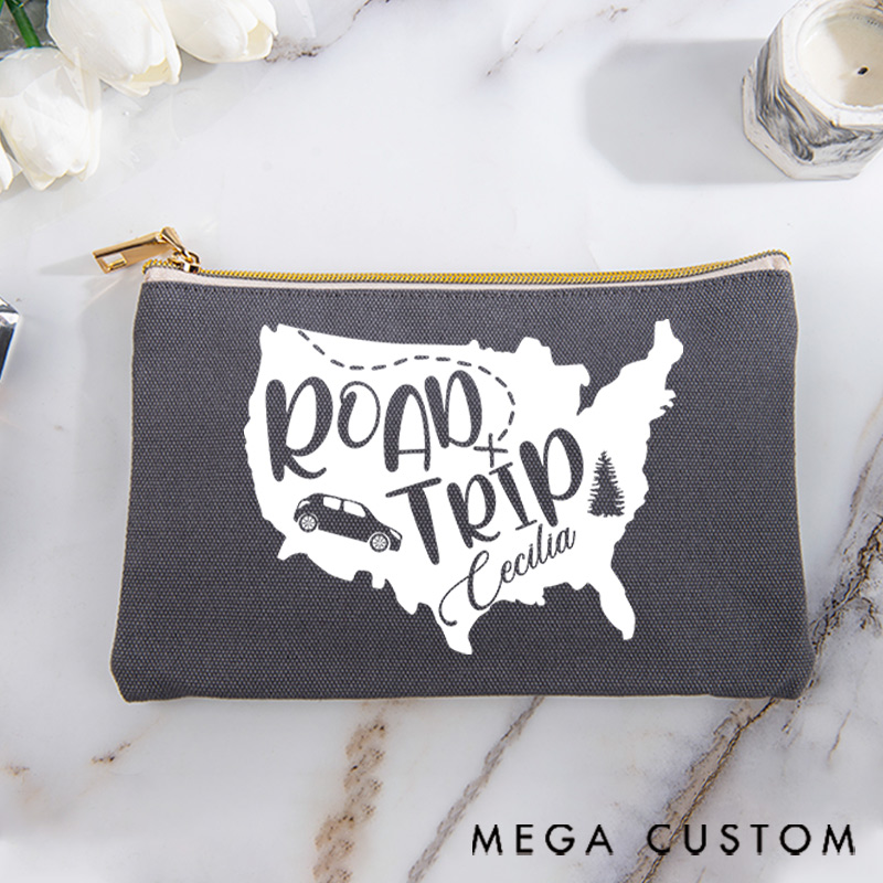 Personalized Makeup Bag Gift for Girls Travel Lovers Map Road Trip and Custom Name