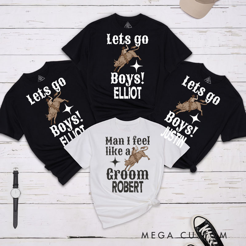 Personalized Rodeo-Themed Bachelor Party T-Shirts “Let's Go Boys!” Groomsman T-Shirt Wedding Party Favors Shirt Western Stag Tees