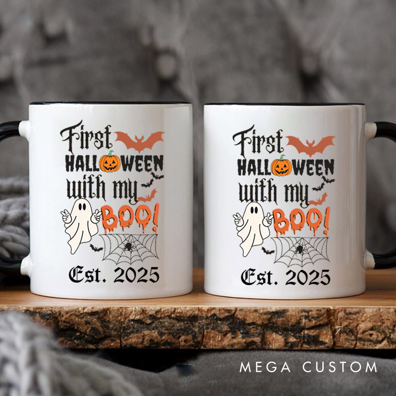 Personalized First Halloween with My Boo Ghost and Pumpkin Two Tone Color Couple Mugs 