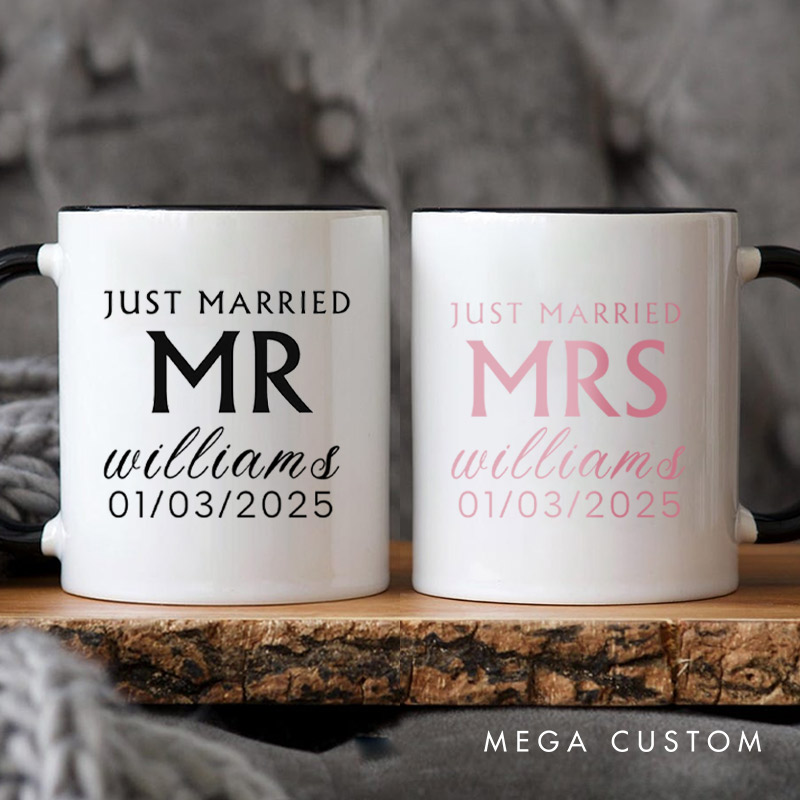 Personalized Minimalist Just Married Mr and Mrs Wedding Couple Mugs