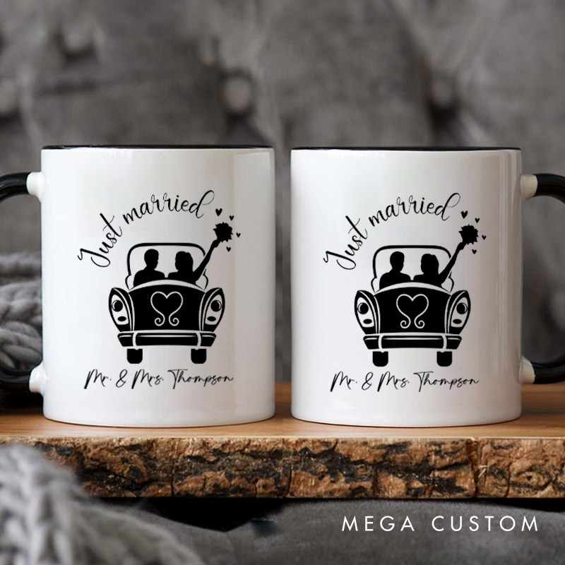 Personalized Romantic Just Married with Wedding Car Wedding Couple Mugs
