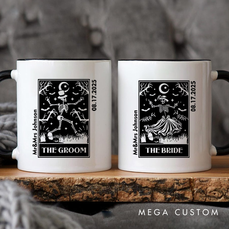 Personalized Whimsical Tarot Card Skeleton Bride and Groom Wedding Couple Mugs