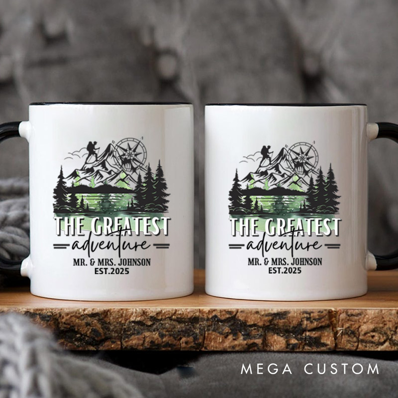 Personalized The Greatest Adventure Mr and Mrs Wedding Couple Mugs