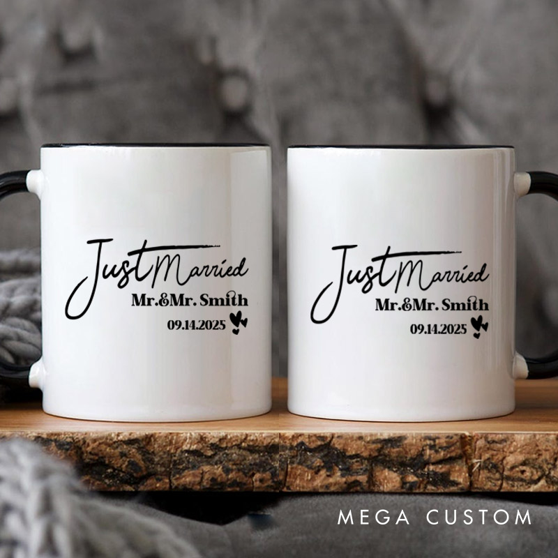 Personalized Elegant Just Married Mr and Mrs with Hearts Wedding Couple Mugs