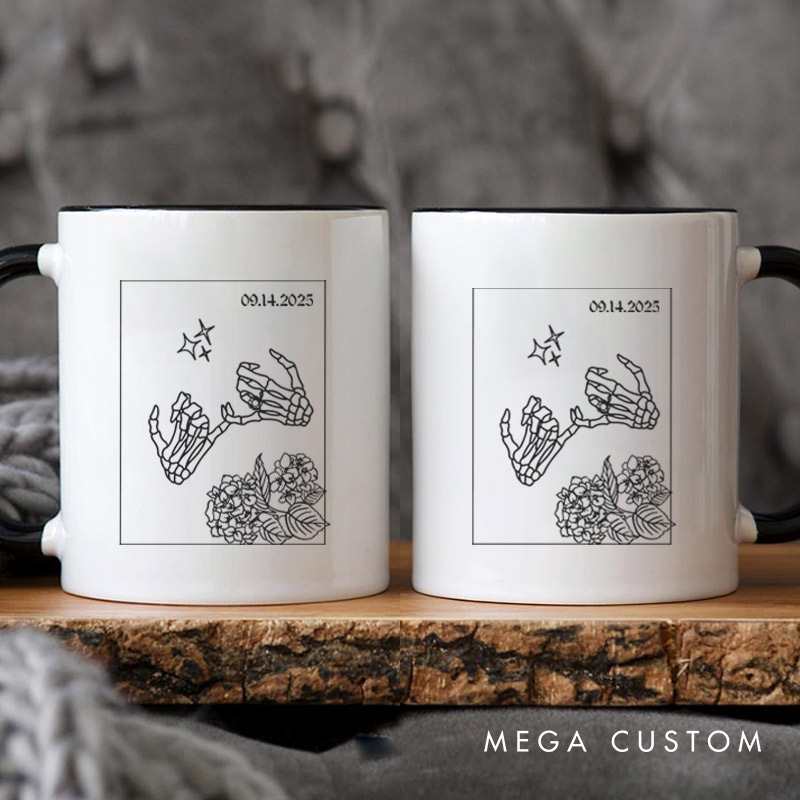 Personalized Unique Skeleton Finger Hooks and Floral Wedding Couple Mugs