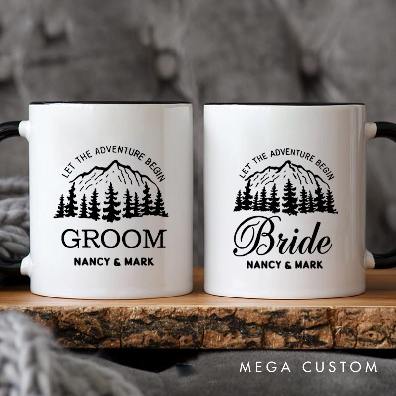 Personalized Mountain Serene Let The Adventure Begin Bride and Groom Wedding Couple Mugs