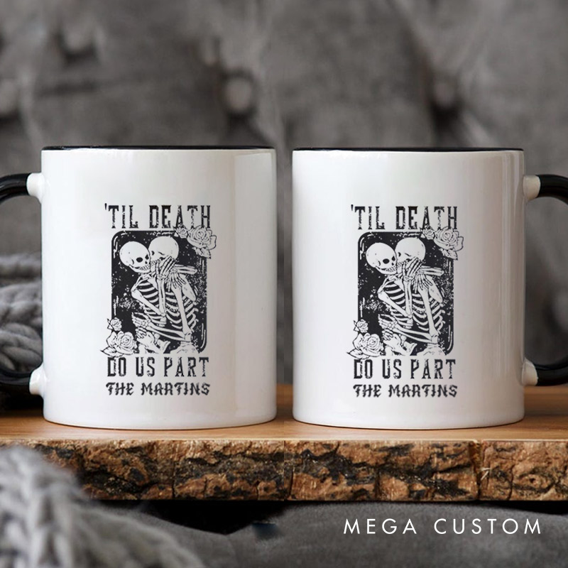 Personalized Til Death Do Us Part Hugging Skeleton Matching Wedding Couple Mugs