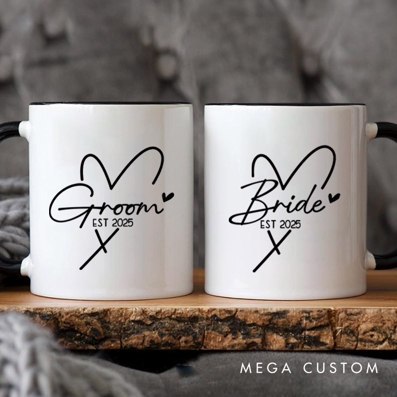 Personalized Bride and Groom with Heart Wedding Couple Mugs