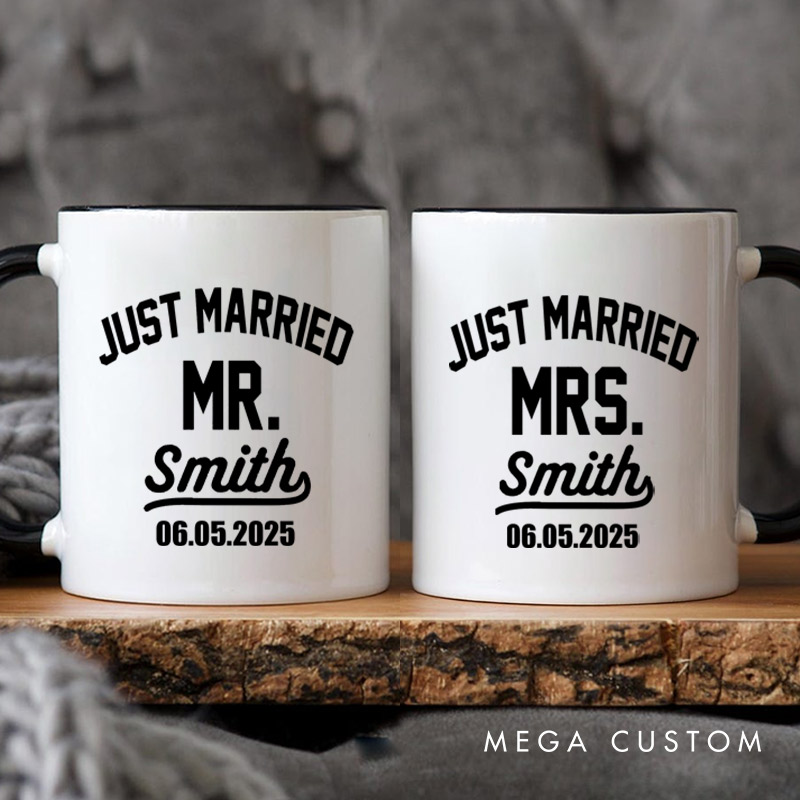Personalized Classic Just Married Mr and Mrs with Date Wedding Couple Mugs