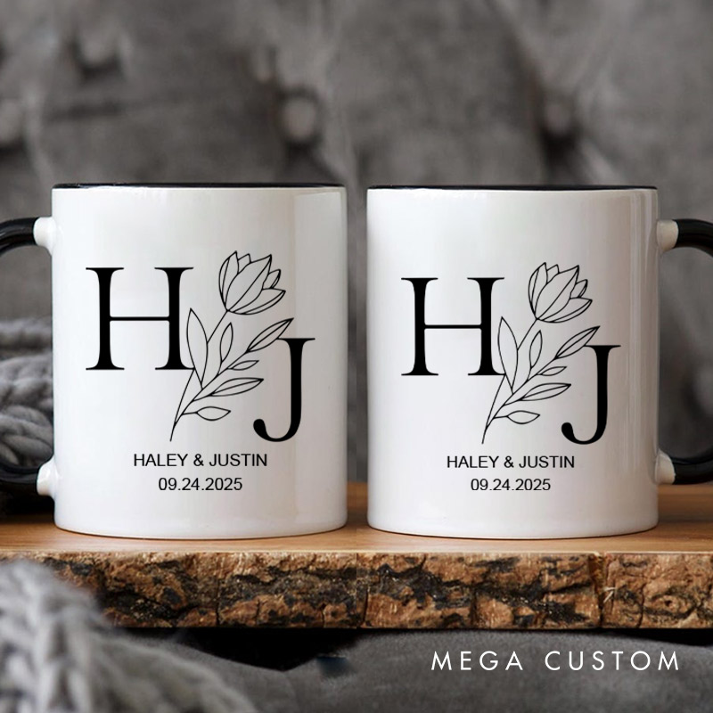 Personalized Elegant Floral with Initials Wedding Couple Mugs