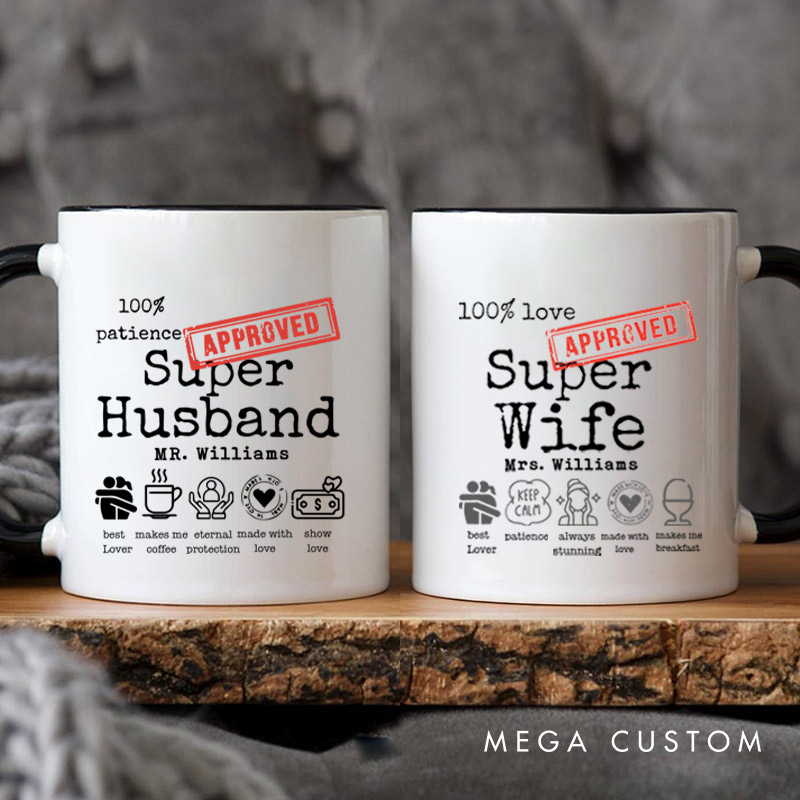Personalized Fun Approved Super Wife and Super Husband Matching Wedding Couple Mugs